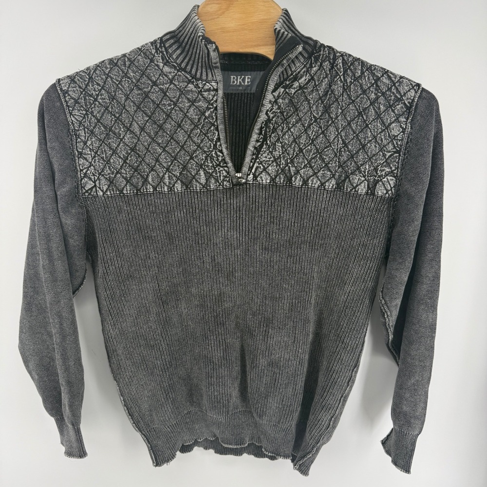 BKE Mens XXL Gray Quarter Zip Ribbed Cotton Sweater Acid Wash Quilted Yoke B5061